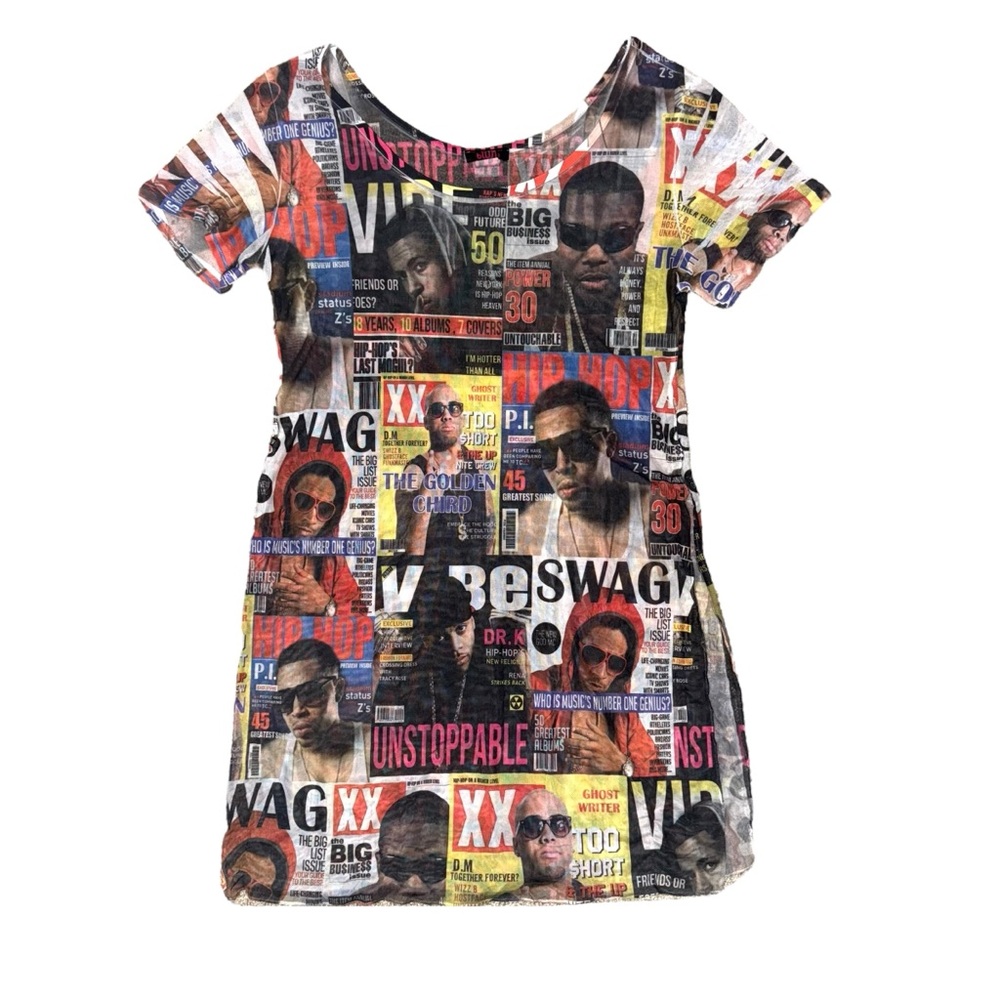 Y2K Women’s 2X Mesh Magazine Cover Sheer Mini Dress Coverup Clubwear Hip Hop XXL